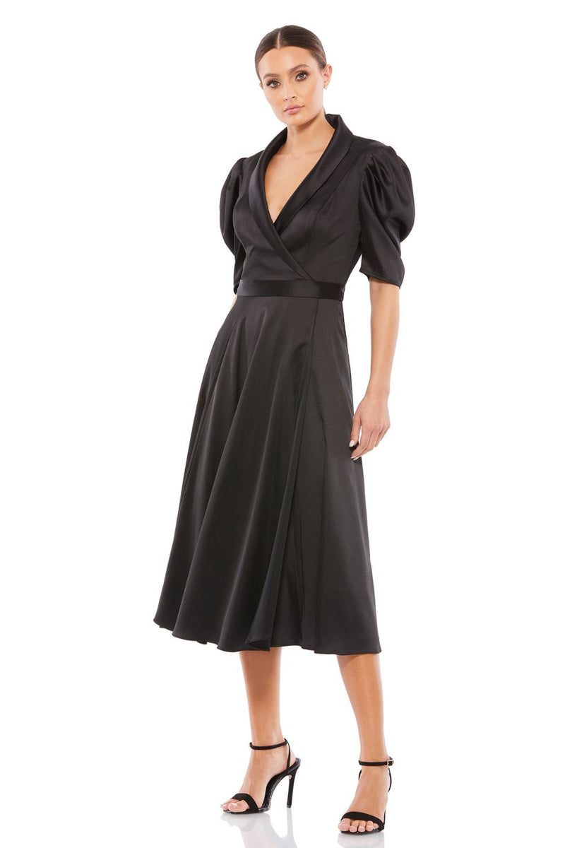 MD-26628 Collared Short Dress-Black satin by Mac Duggal in black color for women Worldwide