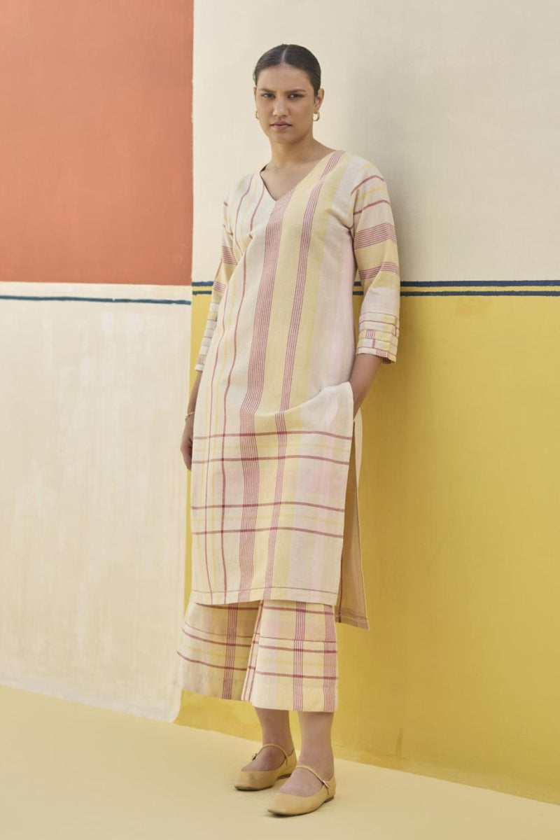 Misa Check Linen Kurta - Sand by Manan in natural color for women Worldwide