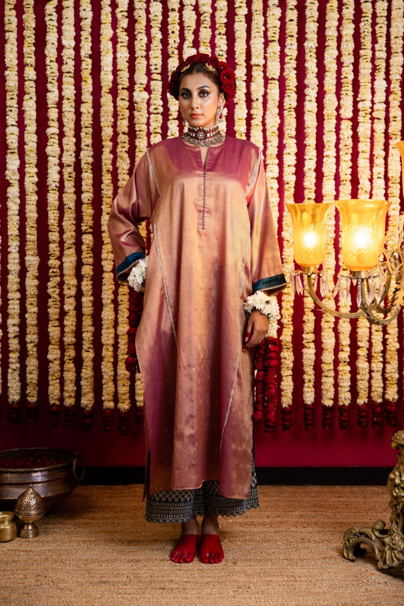 Tissue Tunic & Velvet Pant Set-Dusty Pink Tunic / Teal Blue Farshi Izhaar tissue kurta/kurta set by Sabo by Sabina in pink for women Worldwide
