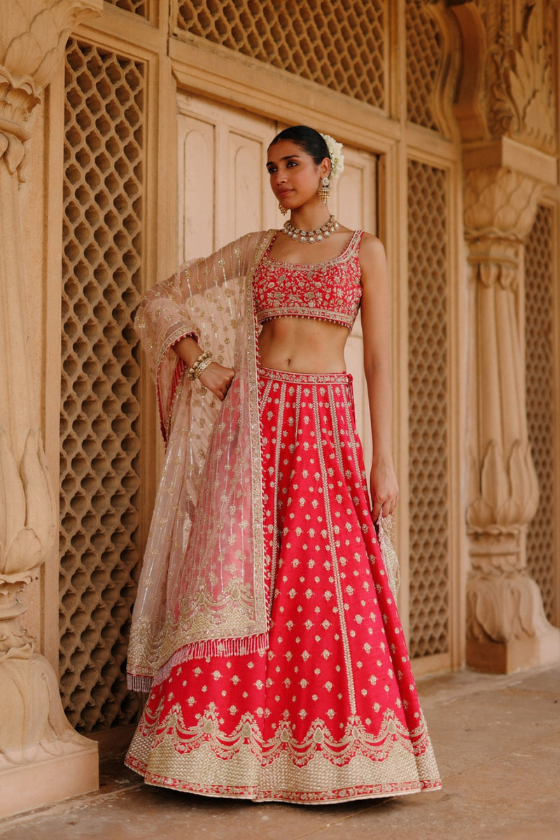 Noorbano-Hot Pink Lehenga Set With Blouse And Dupatta raw silk lehenga sets by SHEETAL BATRA in pink for women Worldwide