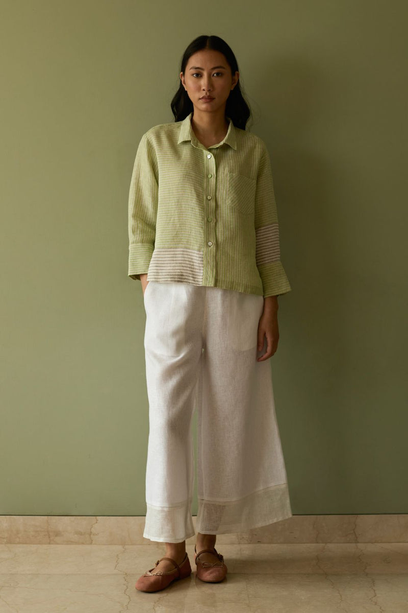 Tia Stripe Linen Cropped Shirt-Meadow linen by Manan in green color for women Worldwide
