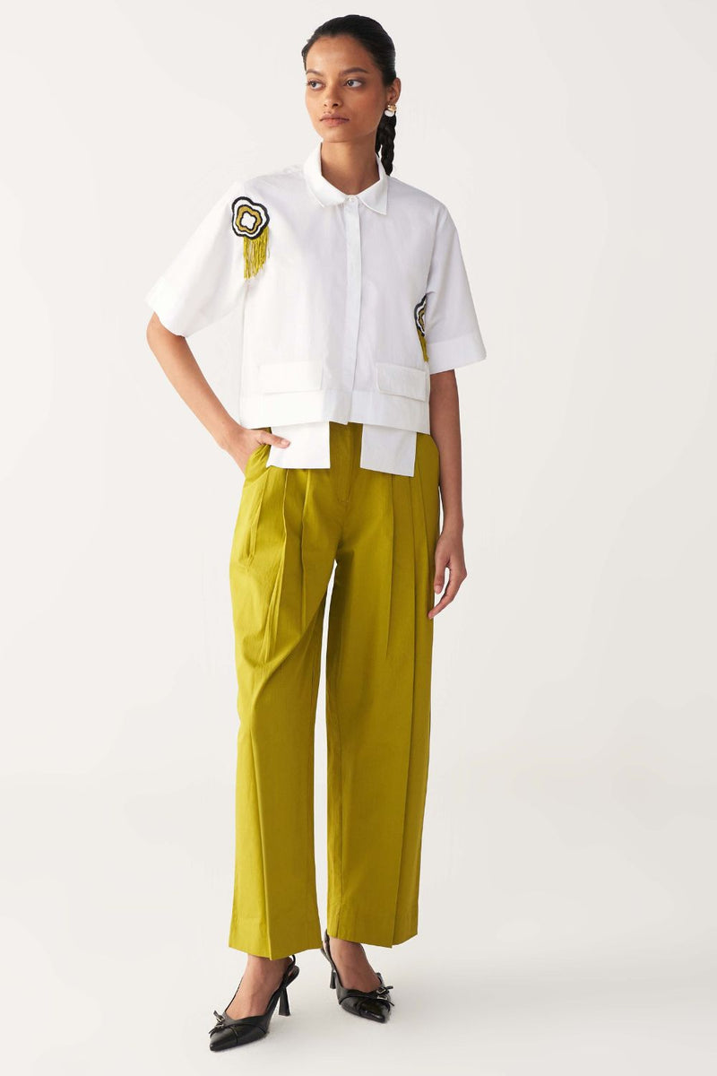 BEADED CROP FRINGE TOP CO-ORD-IVORY & LIME poplin by THREE for women Worldwide