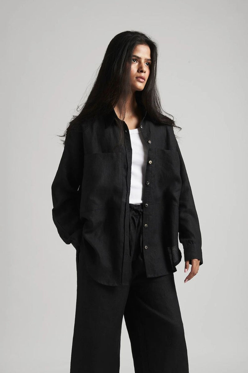 Kohl Linen Oversized Pocket Shirt linen by Saphed in black color for women Worldwide