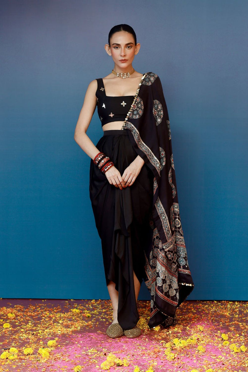 Aaram Ajrakh Drape Dress satin by PRAHNAAYA in black color for women Worldwide