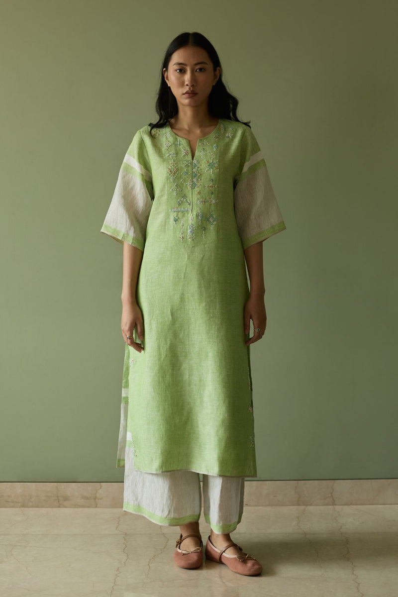 Vira Hand-Emboidered Linen Kurta-Meadow linen by Manan in green color for women Worldwide