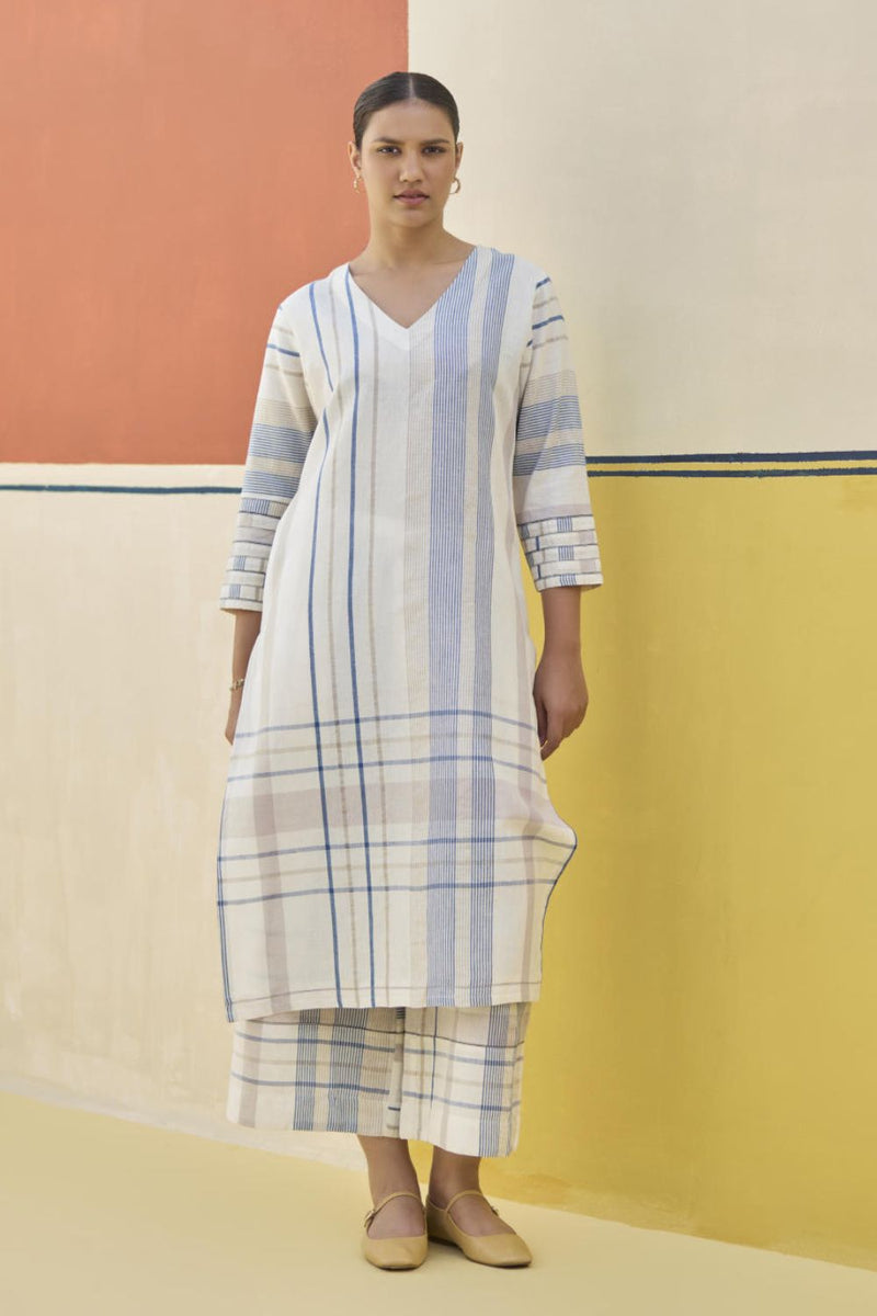 Misa Check Linen Kurta - Ivory by Manan in ivory color for women Worldwide