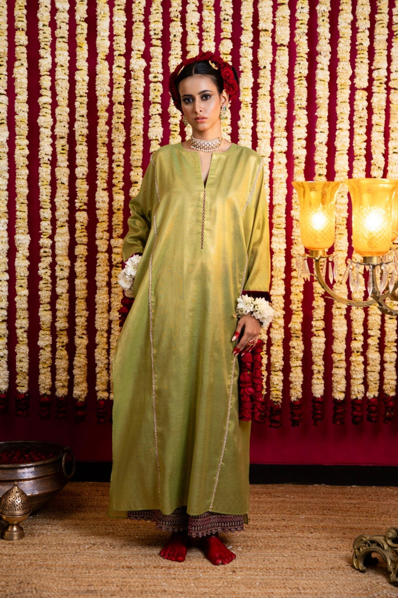 Tissue Tunic & Velvet Pant Set-Lime Green Tissue / Wine Farshi Izhaar tissue kurta/kurta set by Sabo by Sabina in green for women Worldwide
