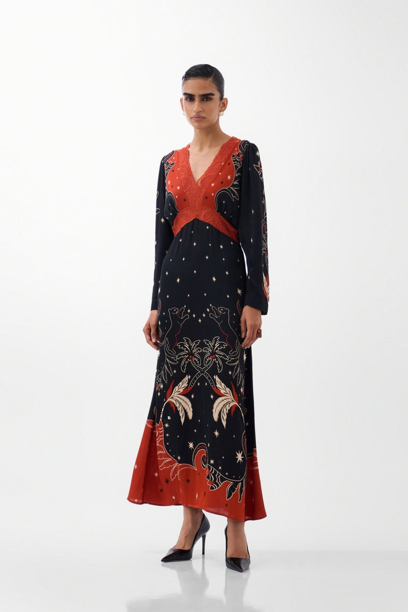 Aura Maxi-Nocturnal Jungle viscose dress by NOIB in multi-color for women Worldwide