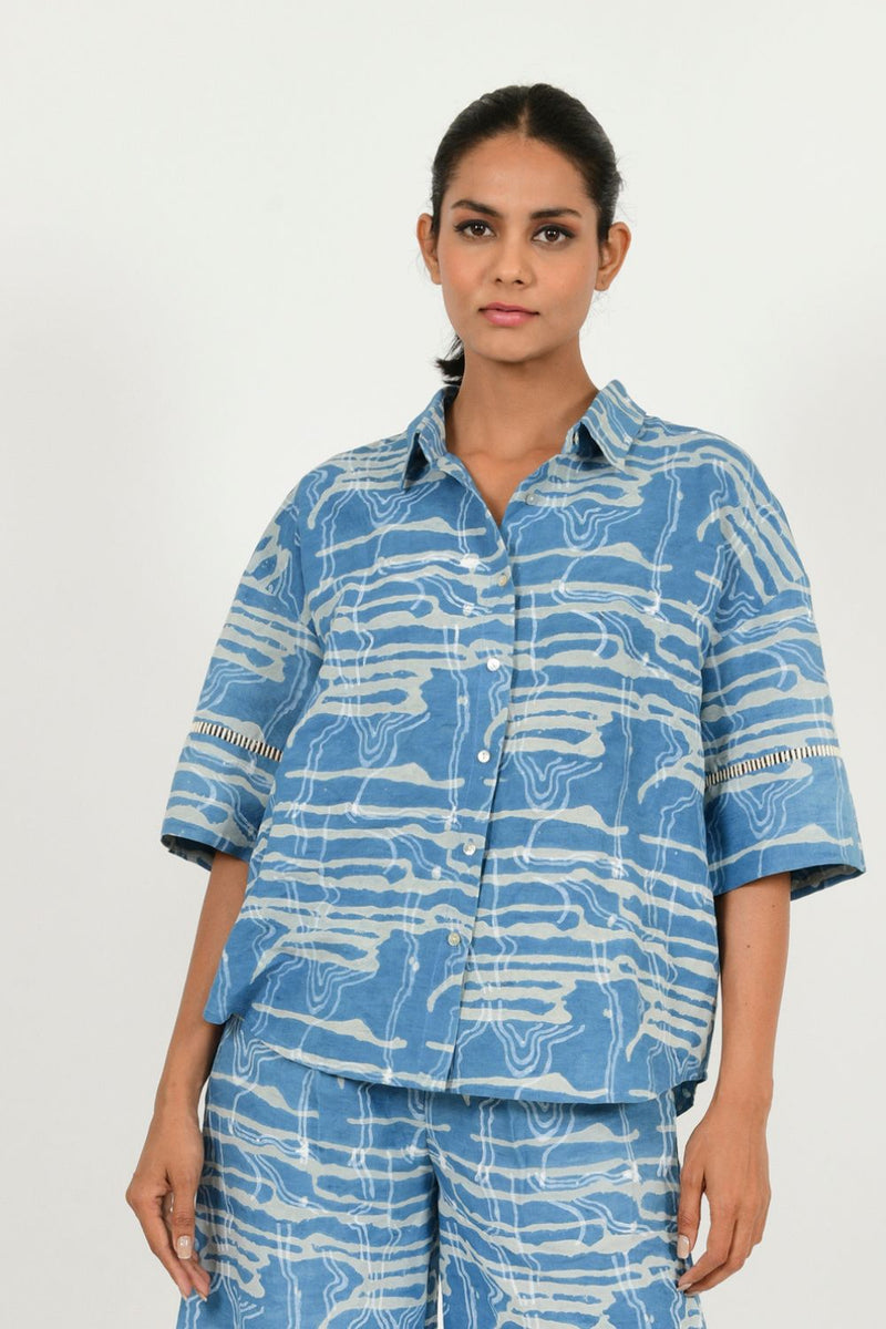 INDIGO SPLASH LINEN SHIRT by Rias in blue color for women Worldwide