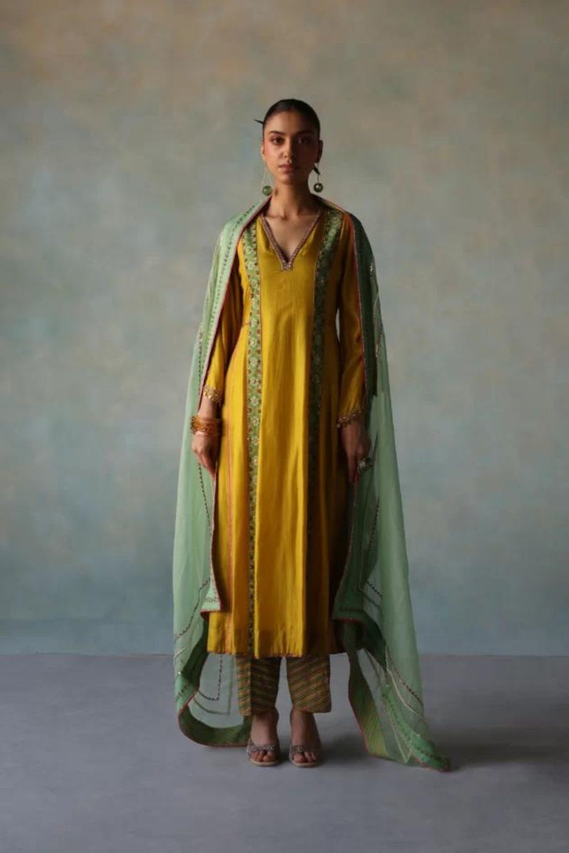 GUL LIME YELLOW SIDE KALI SILK KURTA SET silk by Rajiramniq for women Worldwide