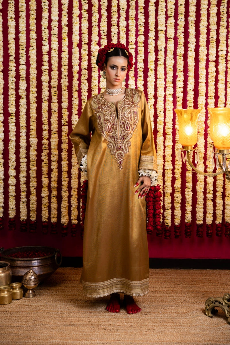 Antique Gold Tissue Tunic & Pant Set-Maroon Embroidery tissue kurta/kurta set by Sabo by Sabina in maroon for women Worldwide