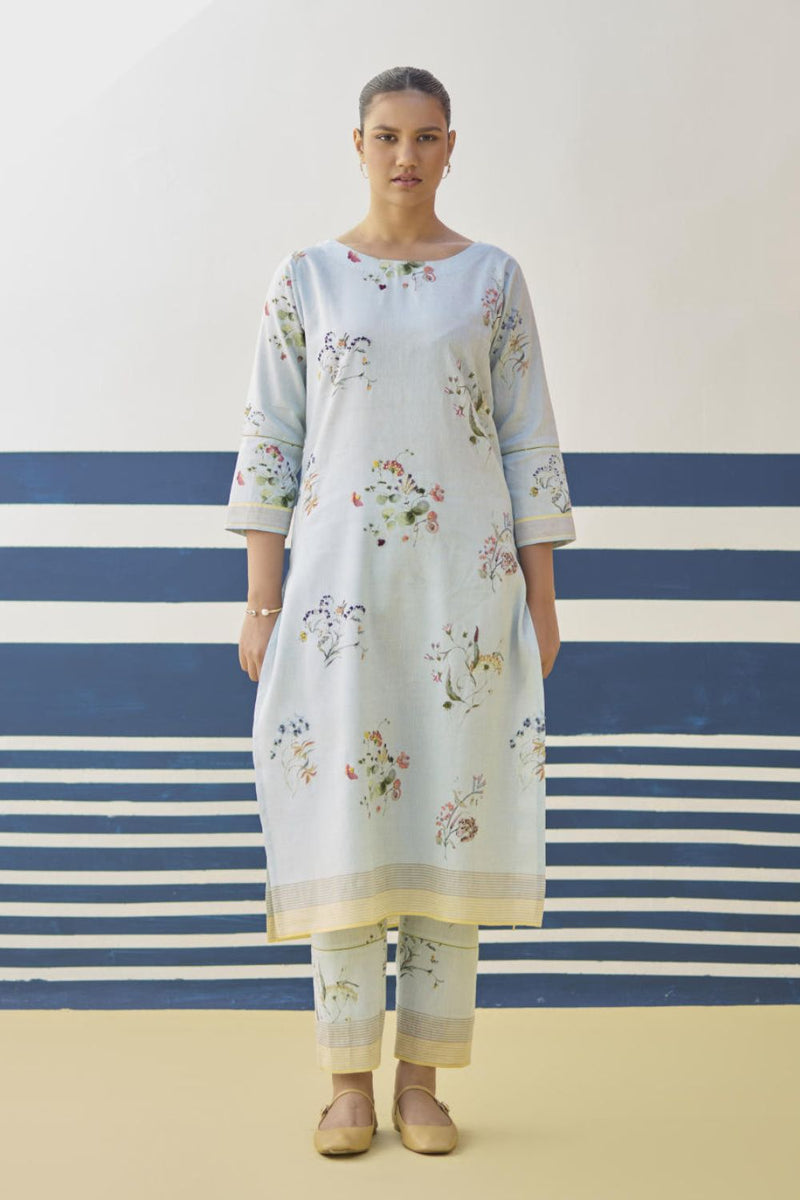 Kera Floral Hand-Embroidered Kurta - Sky by Manan in blue color for women Worldwide