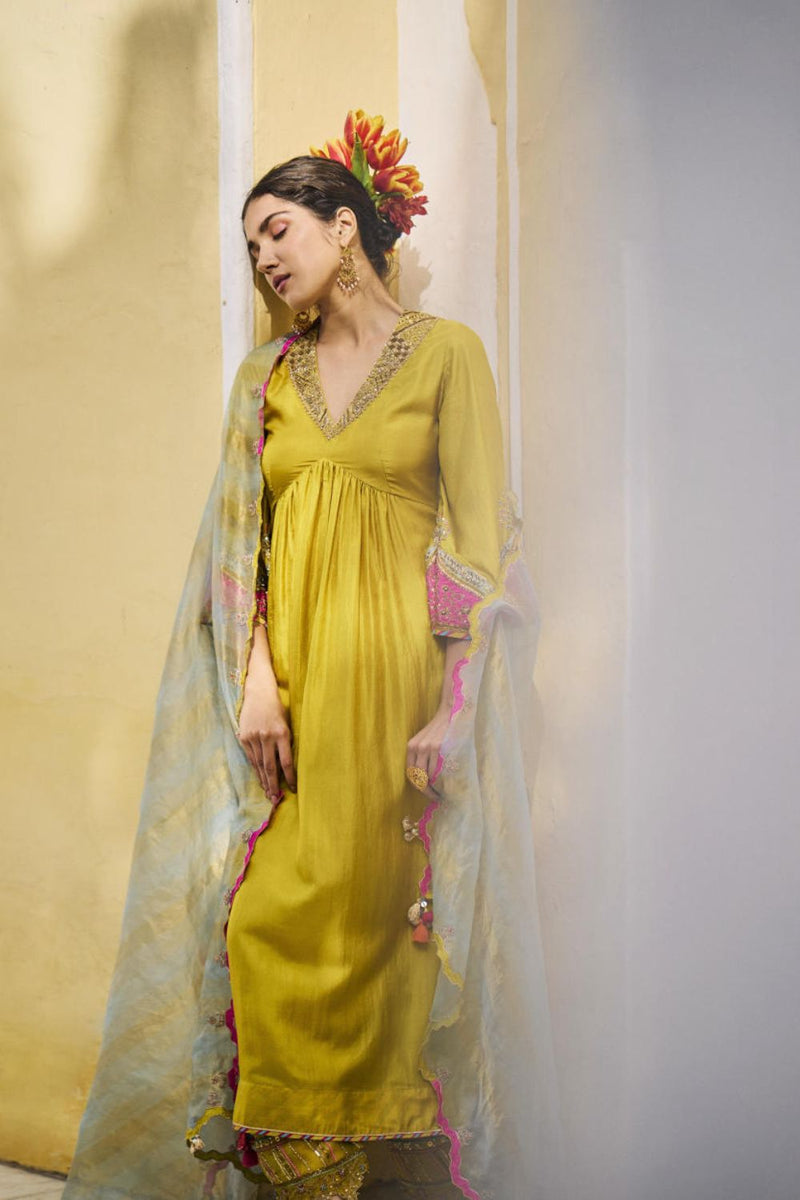 GUL LIME YELLOW BELL SLEEVE SILK KURTA SET silk by Rajiramniq for women Worldwide