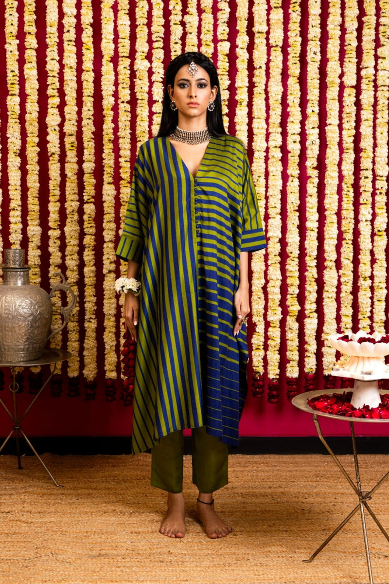 Silk Striped Vertical / Horizontal Tunic & Pant Set-Blue & Green silk striped vertical / horizontal kurta/kurta set by Sabo by Sabina in green for women Worldwide