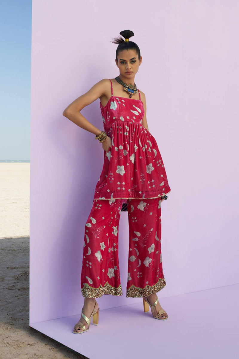 MAGENTA PRINTED SILK VELVET PUCKERING KURTA SET