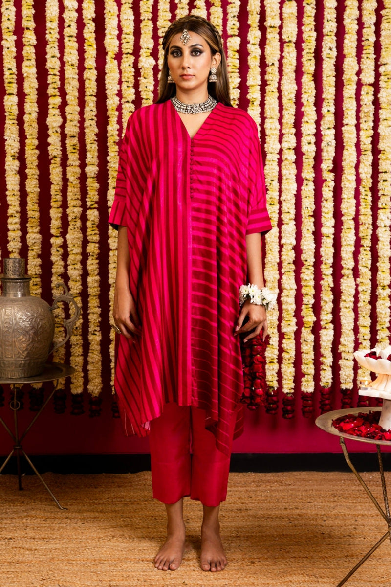 Silk Striped Vertical / Horizontal Tunic & Pant Set-Pink & Red silk striped vertical / horizontal kurta/kurta set by Sabo by Sabina in pink for women Worldwide