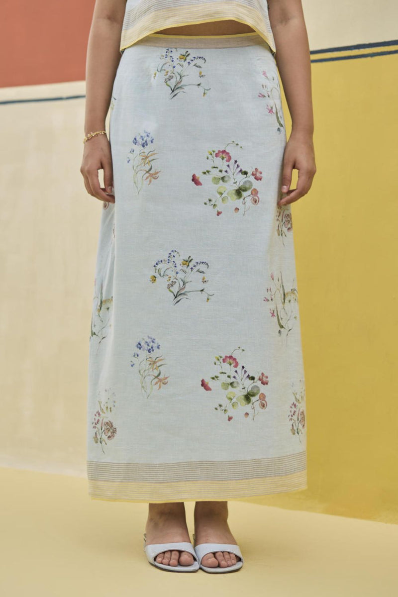 Leena Watercolour Floral Skirt - Sky by Manan in blue color for women Worldwide