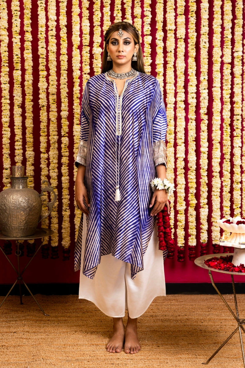 Leheriya Silk 2 Tunic & Pant Set-Ink Blue leheriya silk kurta/kurta set by Sabo by Sabina in blue for women Worldwide