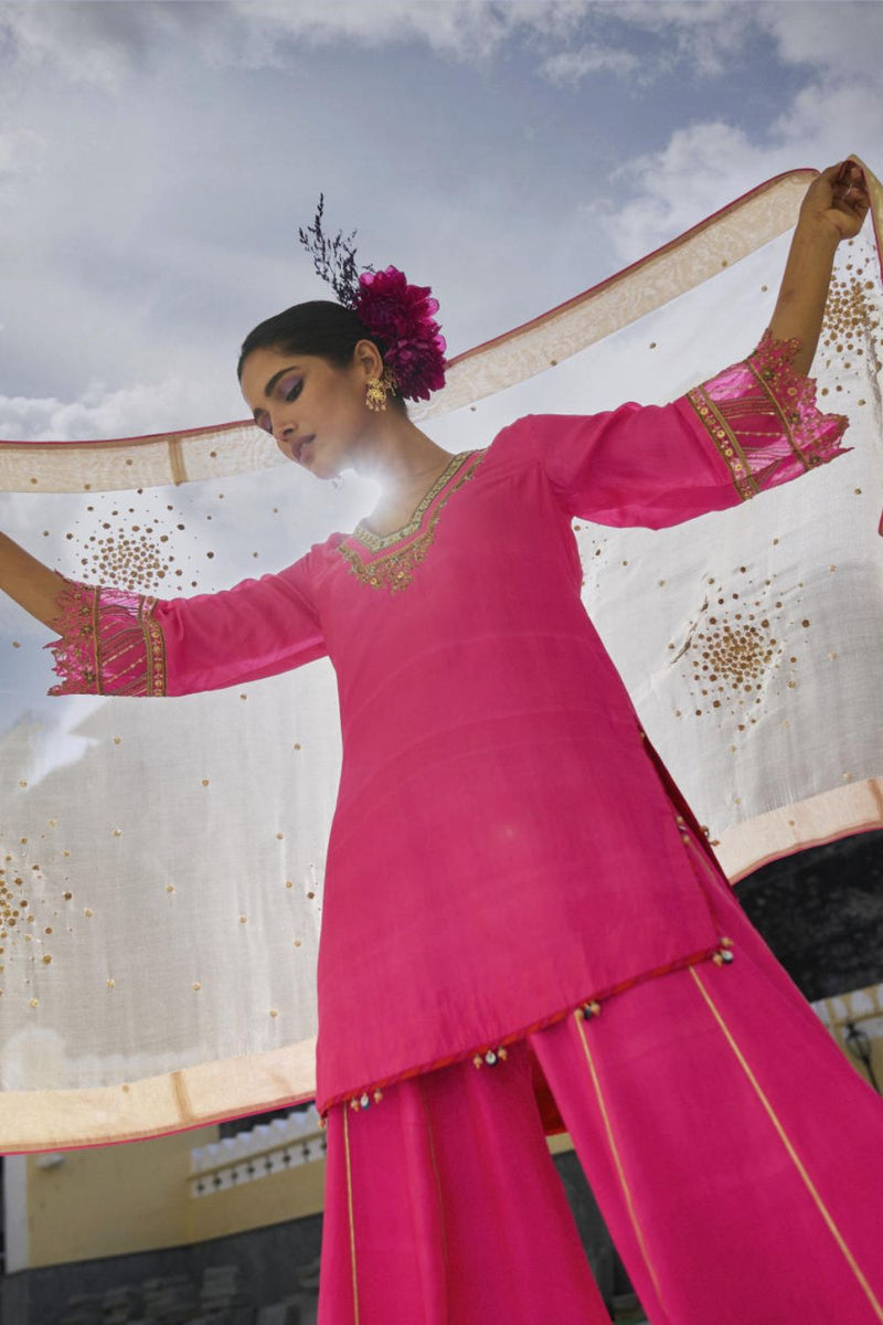 GUL HOT PINK SILK SHARARA SET silk by Rajiramniq for women Worldwide