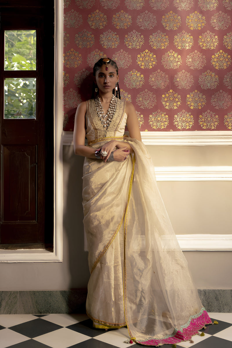 Fariba Ivory Golden Tissue Sari Set