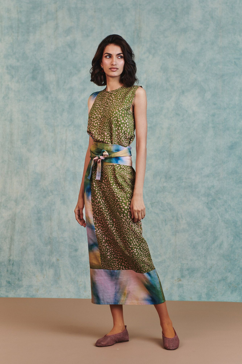 Prism Blot Co Linen Tie Dress cotton linen dress by Saphed in green for women Worldwide