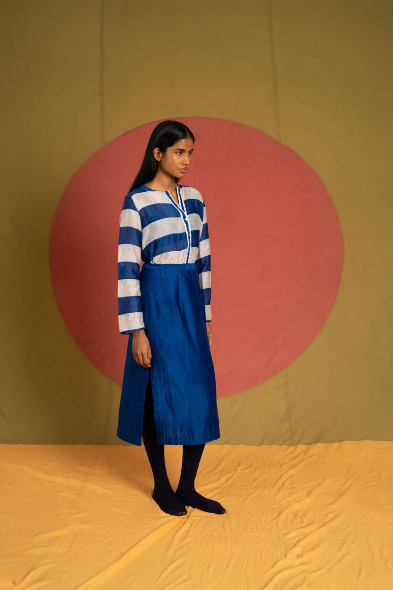 Tass Skirt-Blue chanderi skirt by Ka-Sha in blue for women Worldwide