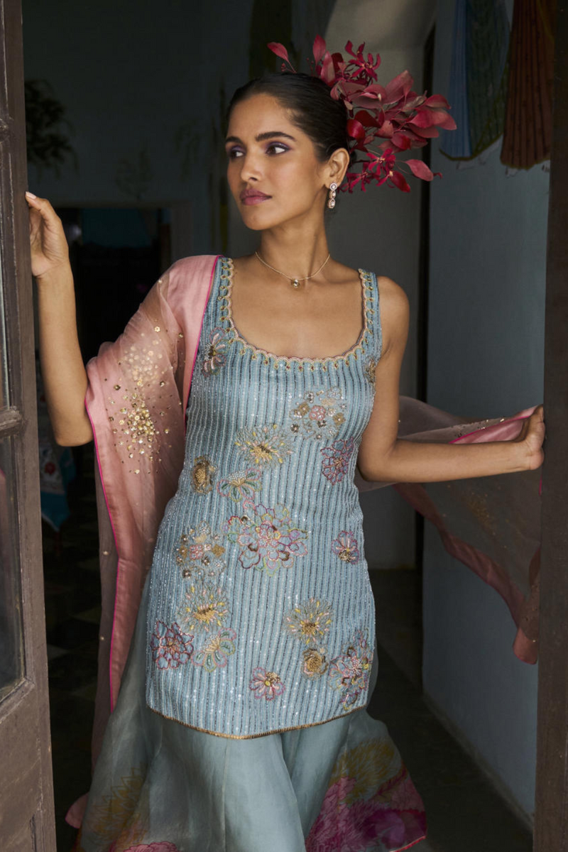 GUL ICE BLUE SEQUIN KURTA SHARARA SET silk by Rajiramniq for women Worldwide