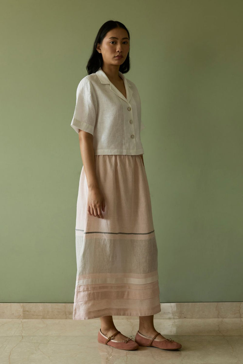 Ora Pleated Border Linen Skirt-Blush linen by Manan in blush color for women Worldwide