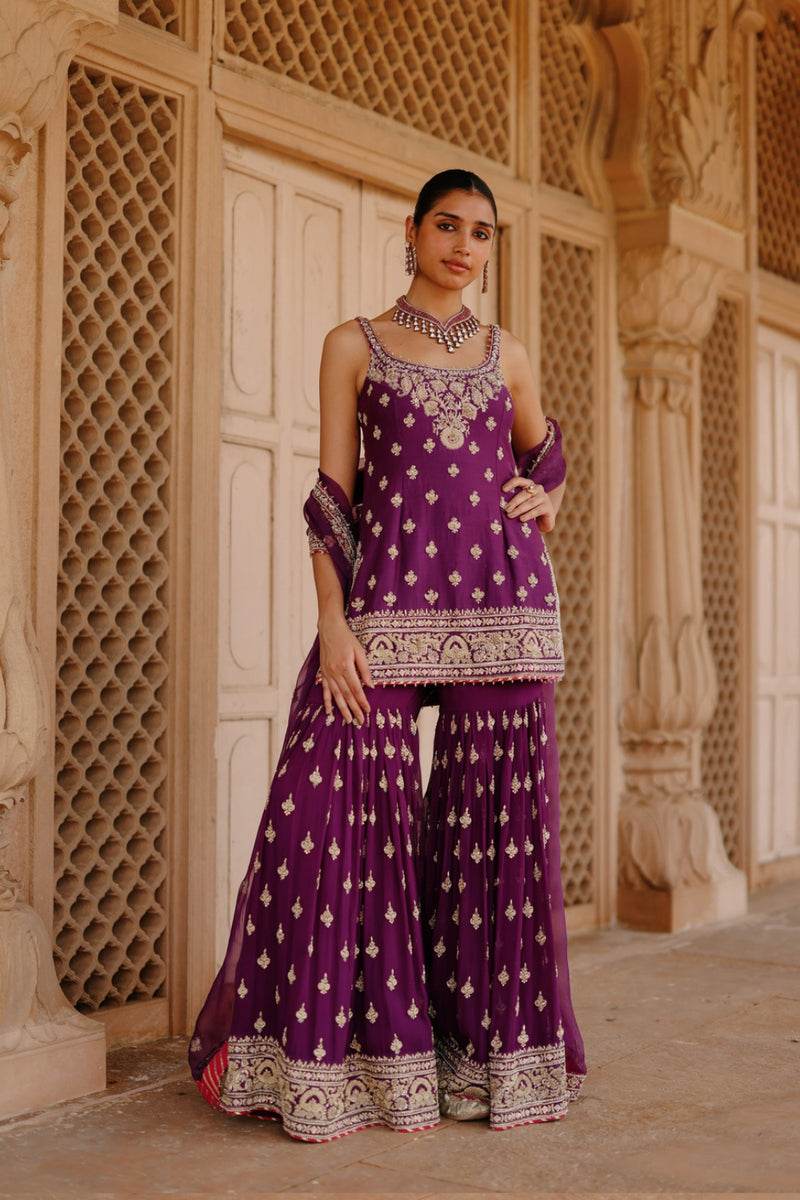 Shahbano-Deep Purple Kurta Set With Garara And Dupatta silk chanderi, silk organza kurta/kurta set by SHEETAL BATRA in purple for women Worldwide