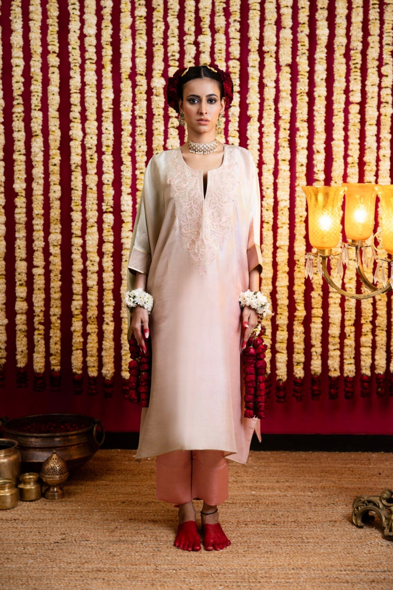 3D Shaded Silk Pastel Tunic & Pant Set-Peach silk kurta/kurta set by Sabo by Sabina in peach for women Worldwide