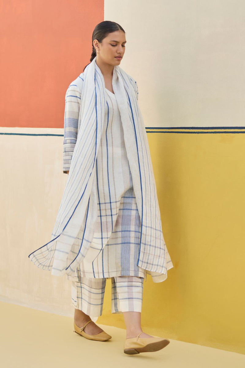 Misa Check Linen Kurta Set
 - Ivory by Manan in ivory color for women Worldwide