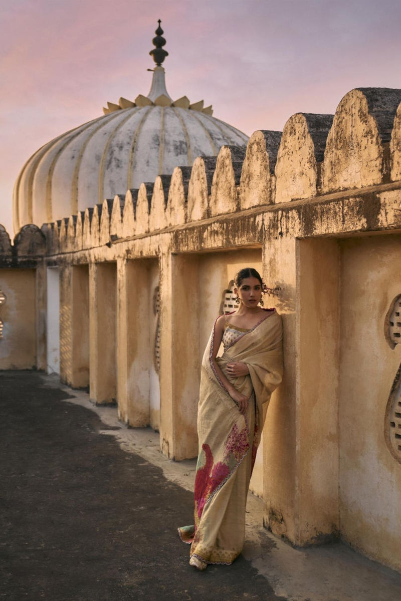 GUL IVORY FLORAL TISSUE SARI silk by Rajiramniq for women Worldwide
