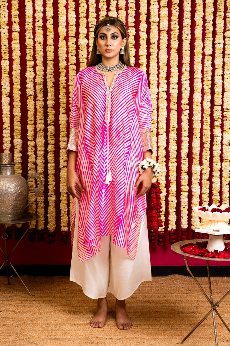 Leheriya Silk 1 Tunic & Pant Set-Hot Pink leheriya silk kurta/kurta set by Sabo by Sabina in pink for women Worldwide