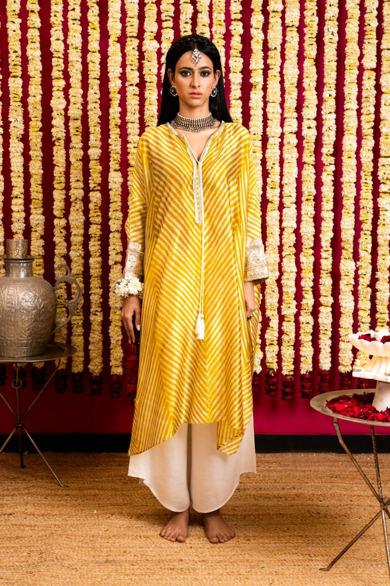 Leheriya Silk 1 Tunic & Pant Set-Mustard leheriya silk kurta/kurta set by Sabo by Sabina in yellow for women Worldwide