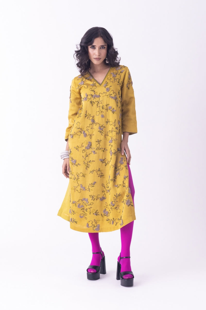 Nav-Kurta linen blend kurta/kurta set by Shades of India in mustard for women Worldwide