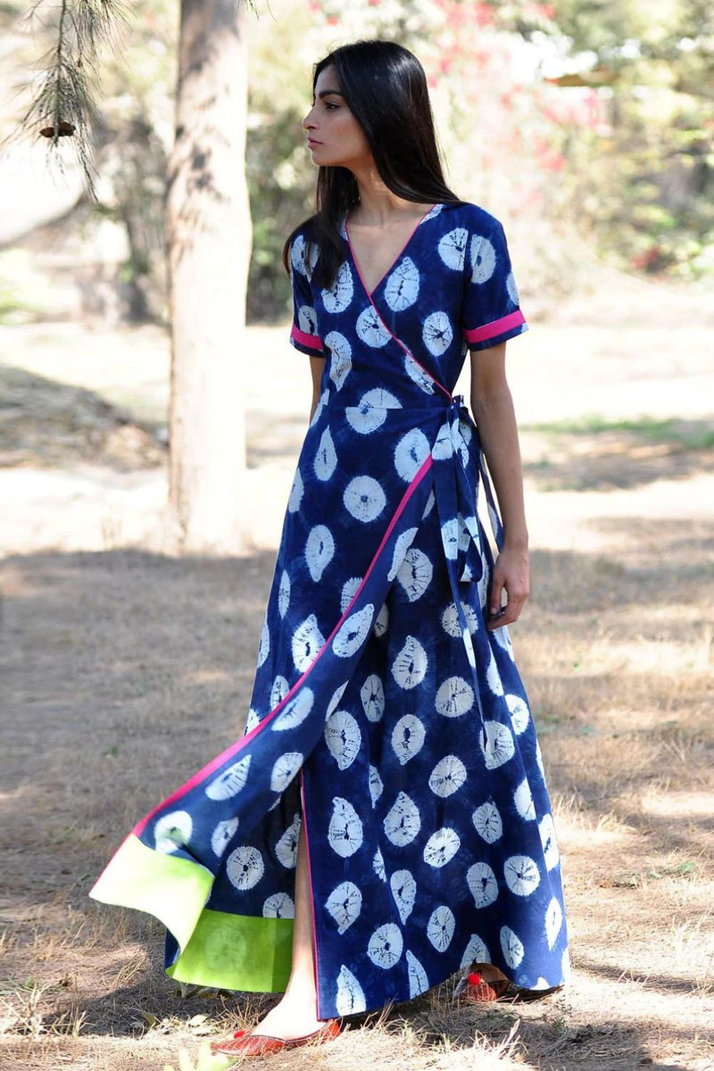 Indigo Rush Shibori Gown Dress by Khara Kapas for women Worldwide