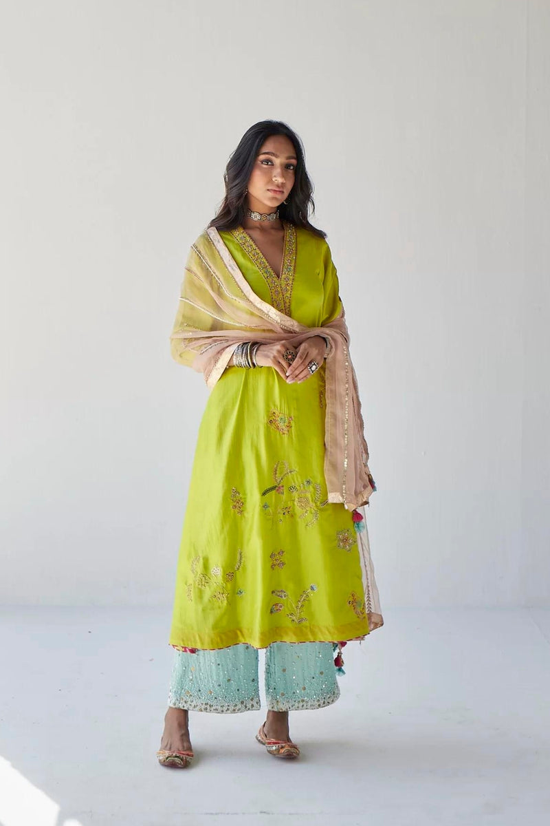 LIME GREEN JAAL SILK KURTA SET