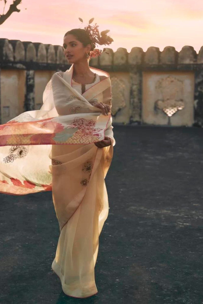 GUL IVORY FLORAL ORGANZA SARI organza by Rajiramniq for women Worldwide