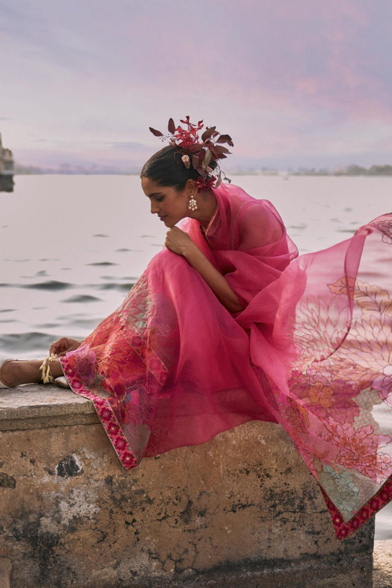 GUL FUSHIA ROSE PINK FLORAL PRINTED ORGANZA SARI organza by Rajiramniq for women Worldwide