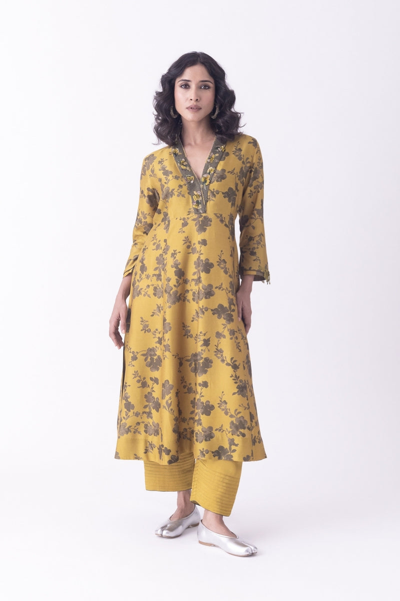 Mrida-Kurta silk blend kurta/kurta set by Shades of India in mustard for women Worldwide
