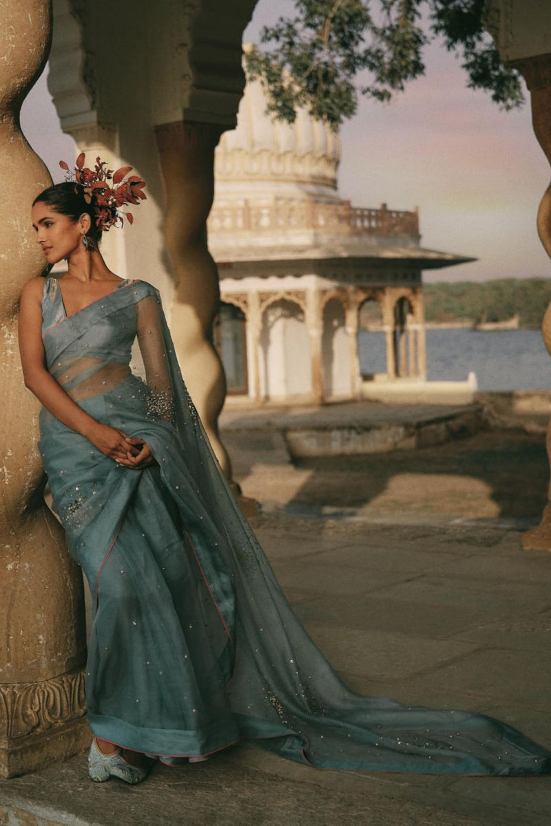 GUL ICE BLUE SEQUIN FLOWER SARI organza by Rajiramniq for women Worldwide