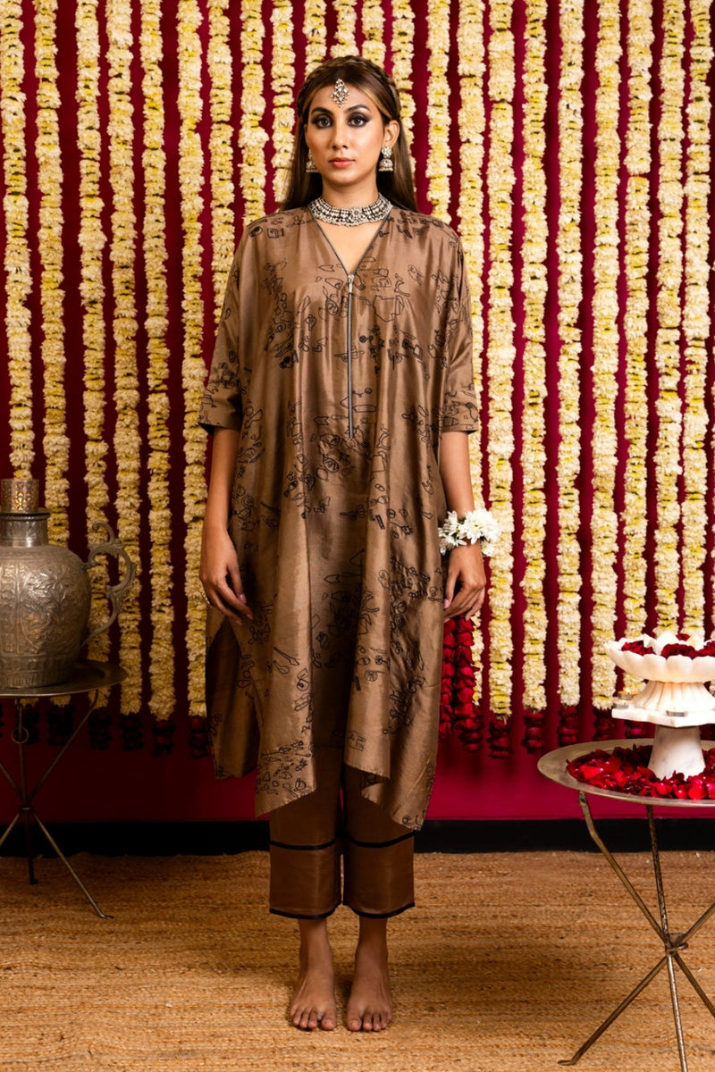 Silk Thread Work Tunic & Pant Set-Coffee silk thread work kurta/kurta set by Sabo by Sabina in brown for women Worldwide