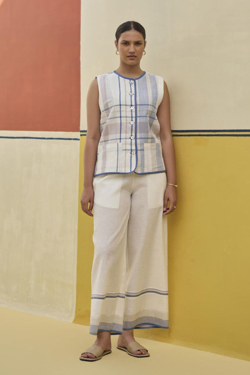 Dana Check Linen Waistcoat - Ivory by Manan in ivory color for women Worldwide