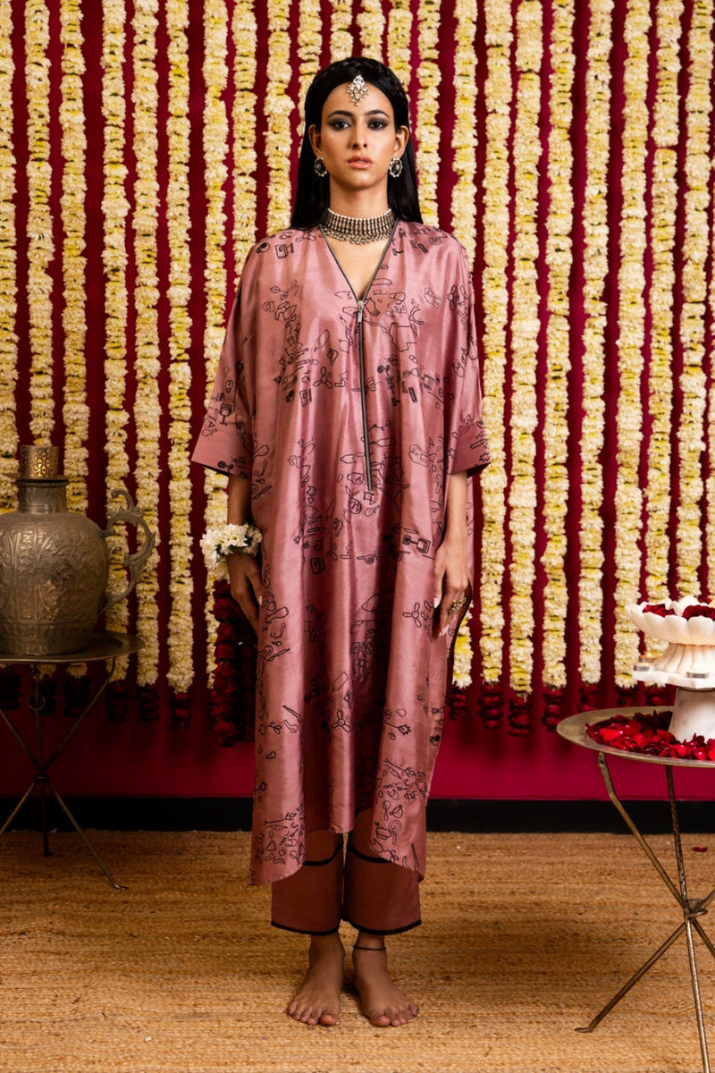 Silk Thread Work Tunic & Pant Set-Dusty Pink silk thread work kurta/kurta set by Sabo by Sabina in pink for women Worldwide