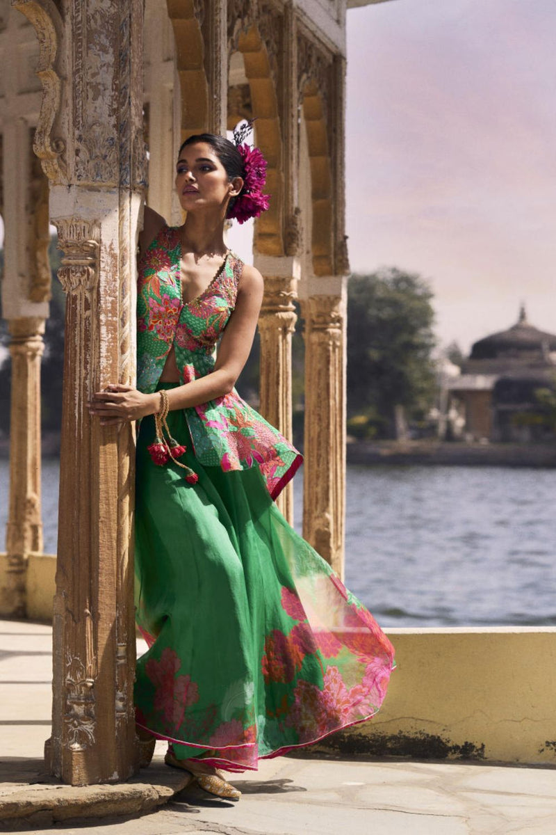 GUL GREEN PEPLUM SHARARA SET by Rajiramniq for women Worldwide