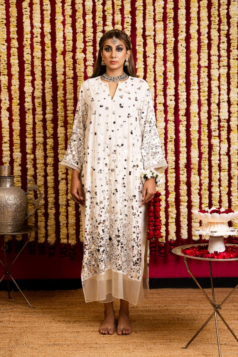 Chamki Linen Tunic & Pant Set-Beige chamki linen kurta/kurta set by Sabo by Sabina in beige for women Worldwide