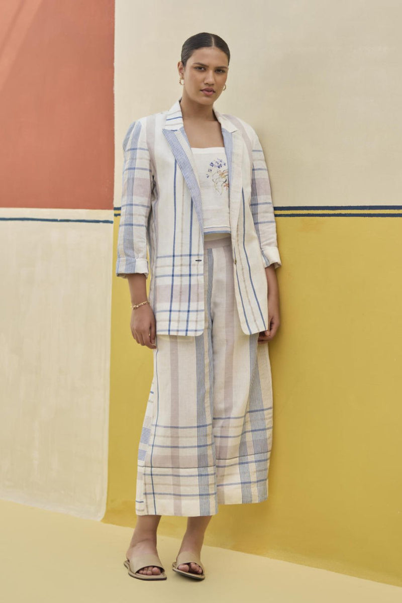 Karuna Check Linen Pant - Ivory by Manan in ivory color for women Worldwide