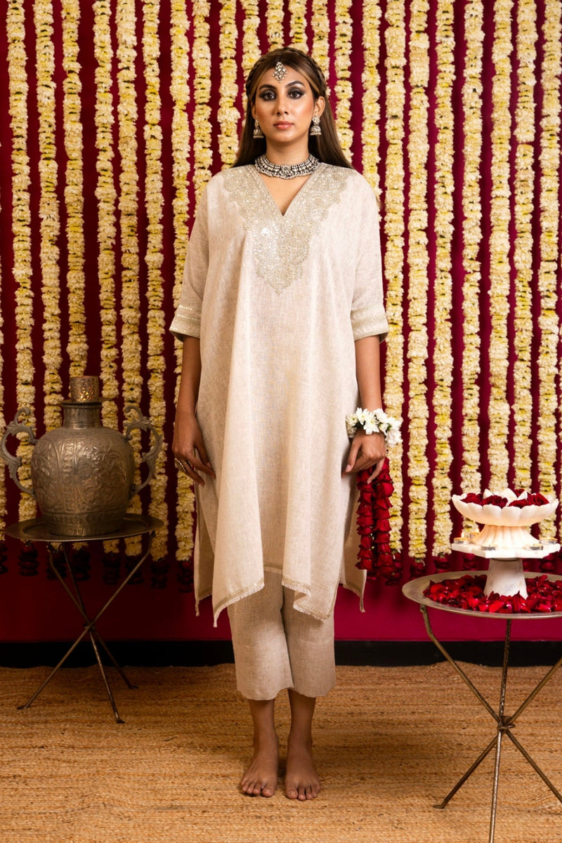 Khaki Linen Square Tunic -V Neckline khaki linen kurta/kurta set by Sabo by Sabina in beige for women Worldwide