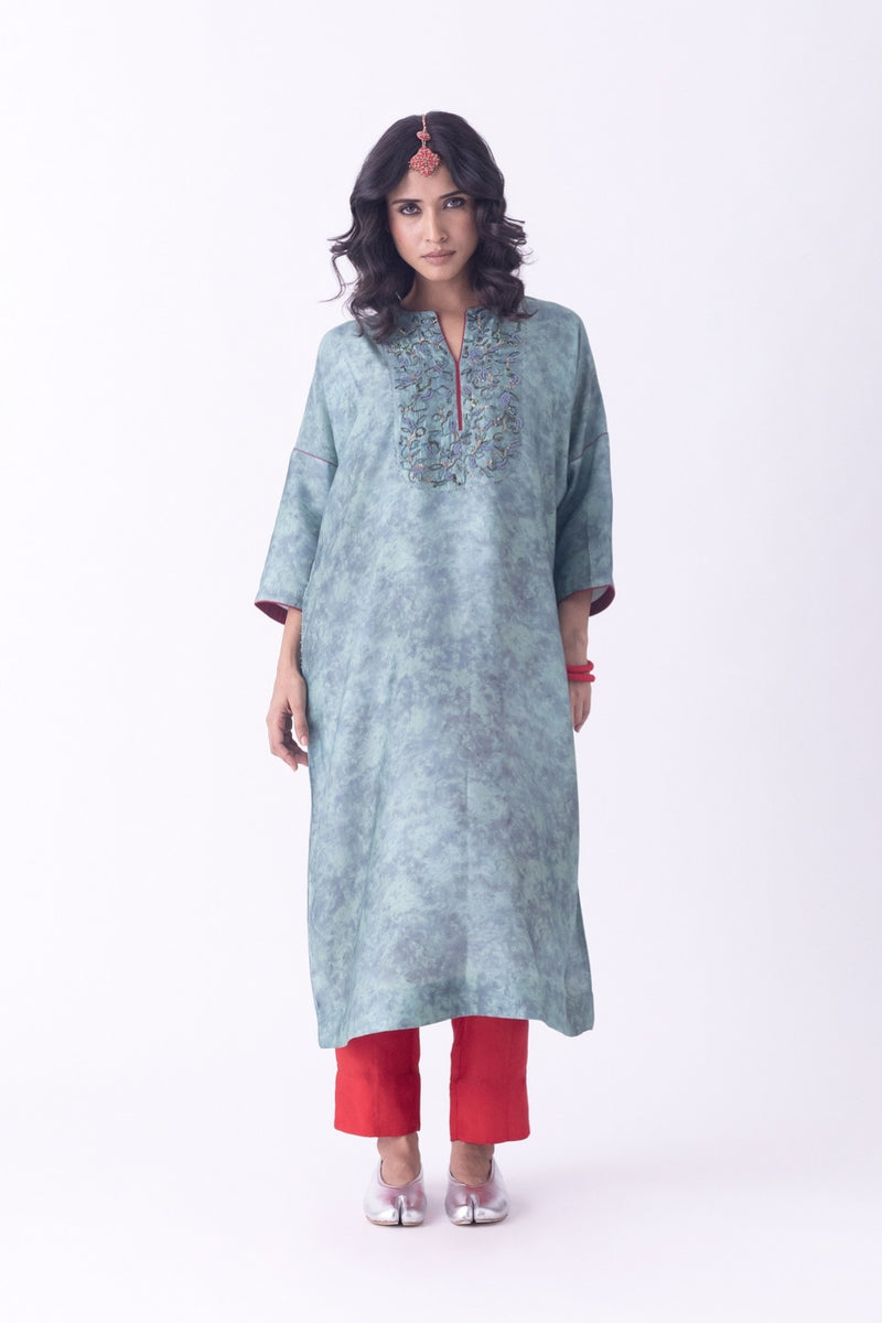 Dhara-Kaftan silk blend indo-western by Shades of India in teal for women Worldwide