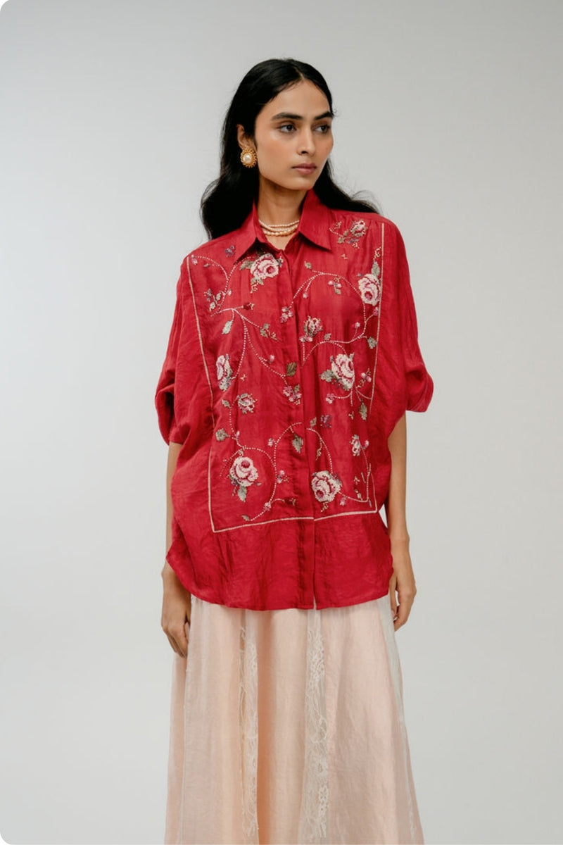 Forgotten Bloom Shirt mulberry silk top/shirt by Ode to Odd in red for women Worldwide